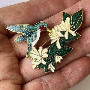 Enamel Hummingbird And Honeysuckle Flower Brooch Cloisonne Style Vtg 1980s